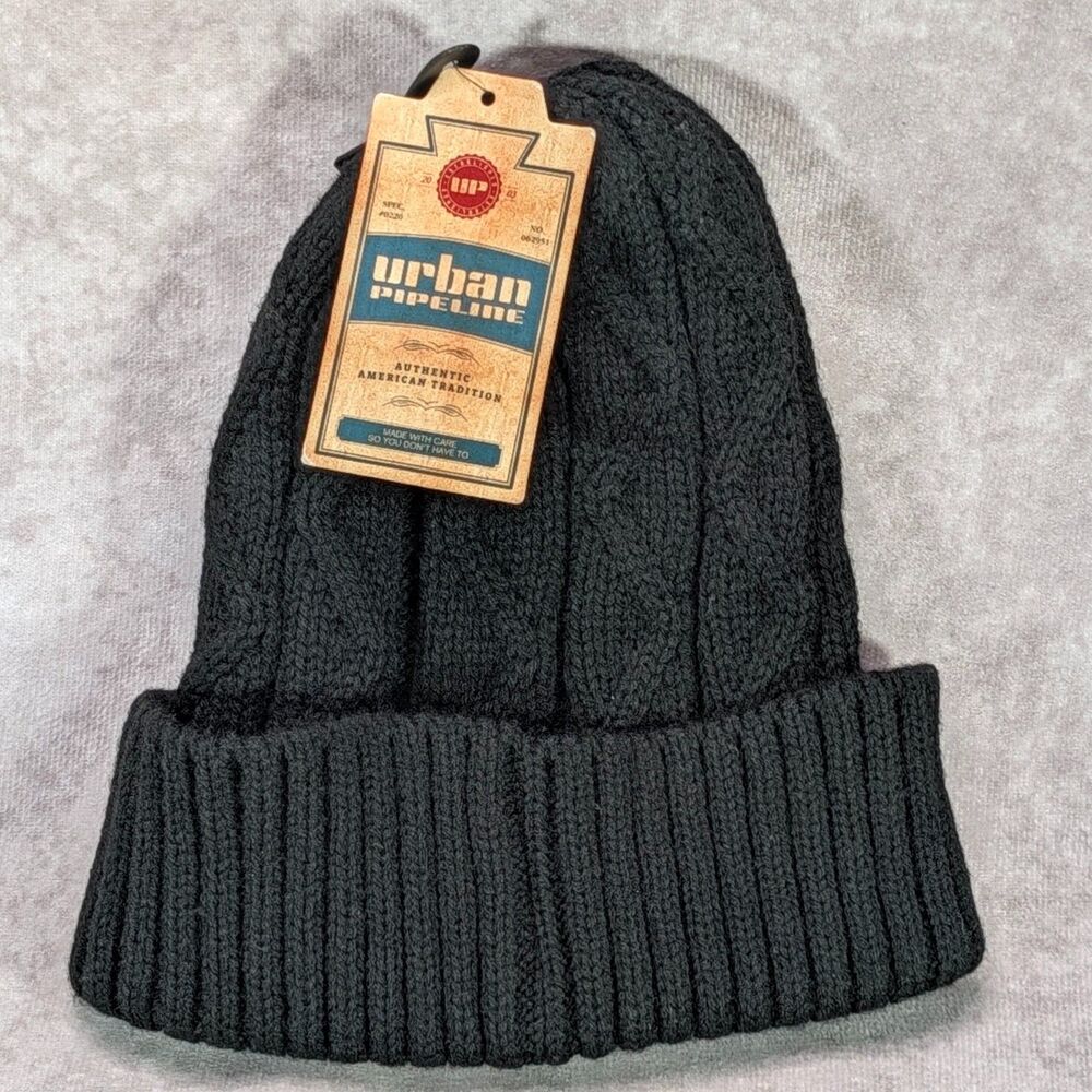 Urban Pipeline Black Cable Beanie Hat Ribbed Knit Cuff NWT One Size YUP53CW05